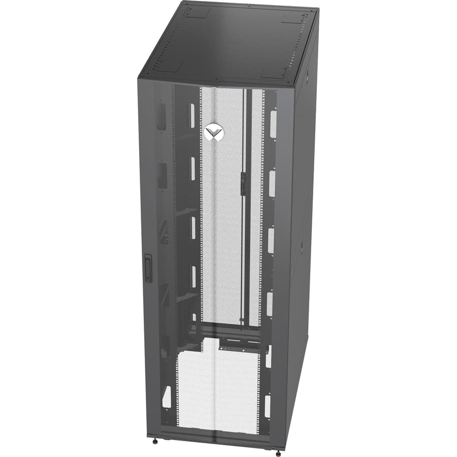 Vertiv VR3357TAA 48U rack with doors, side panels, and casters