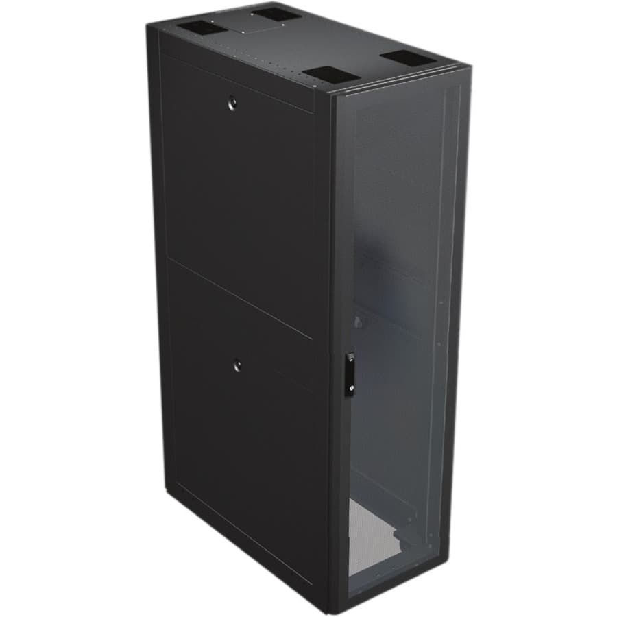Vertiv DCE 24U floor standing rack with perforated doors, side panels, and casters in black finish