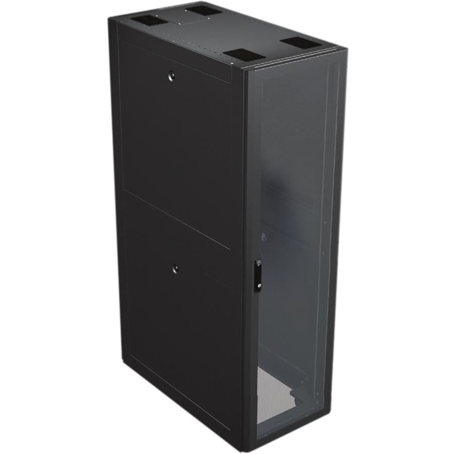 Vertiv DCE 42U floor standing rack with perforated rear door, split side panels, and casters in black finish