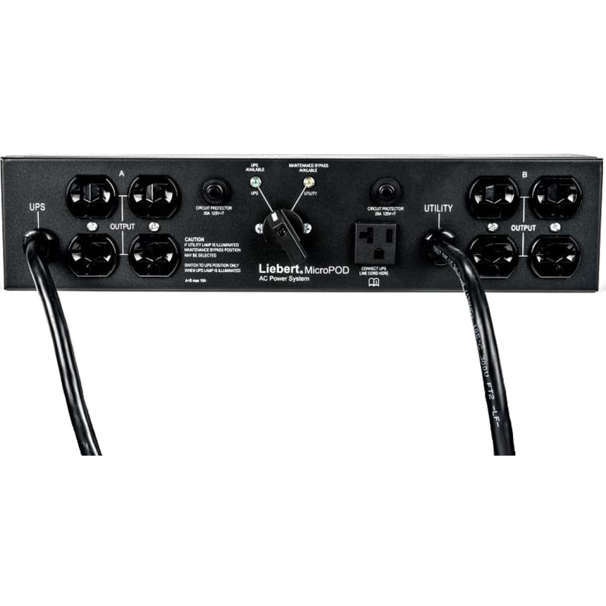 Vertiv 2U MicroPod Maintenance Bypass MP2-120C with 8 NEMA 5-20R outlets for rack-mounted UPS maintenance