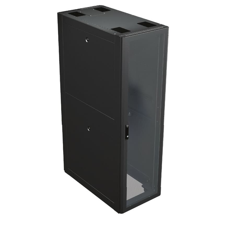 Vertiv DCE 42U floor standing rack with perforated rear door, split side panels, and casters in black finish