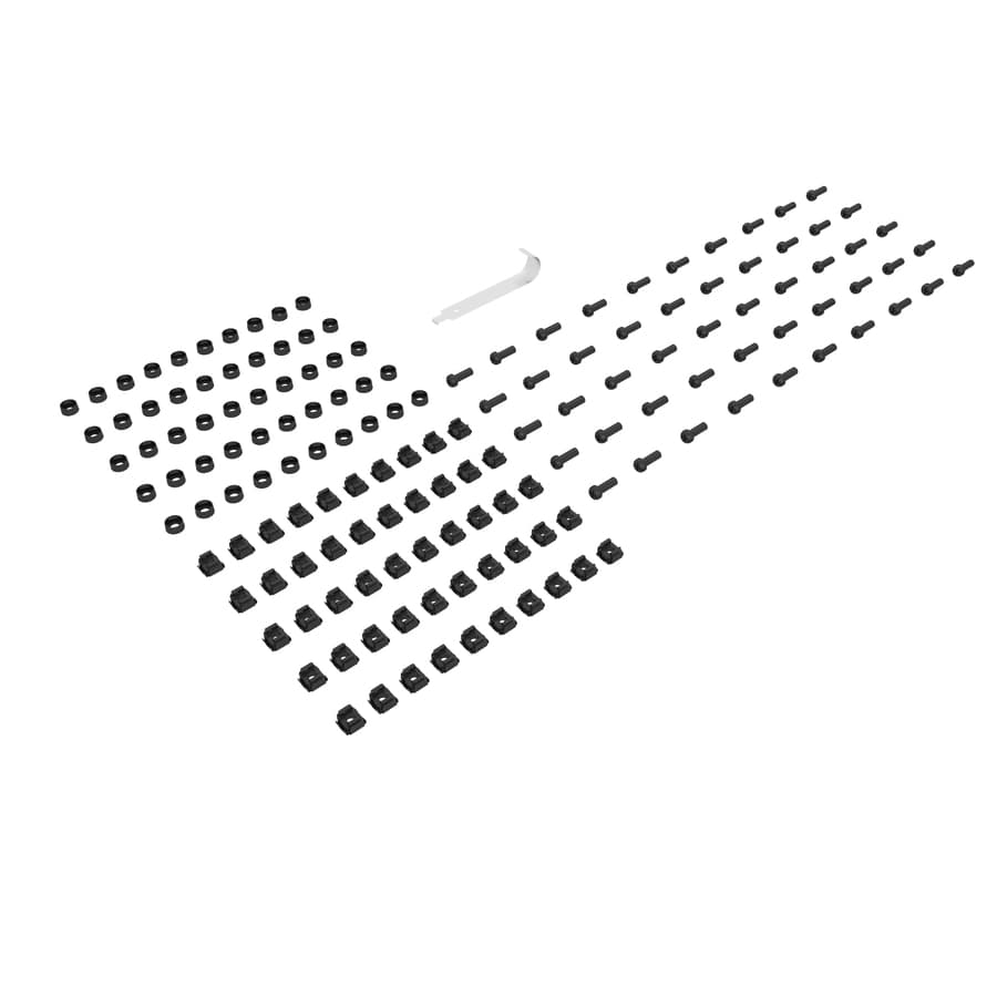 Vertiv VRA5000 M6 rack mounting hardware kit with cage nut, cup washer, and screw, black metal